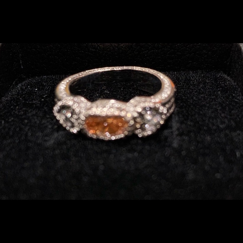 Adorable Amber and Clear Stones on a Silver Tone Ring Setting